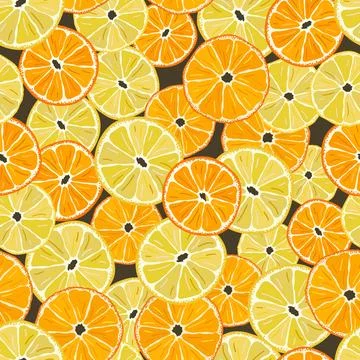 Seamless pattern with bright orange, lemon slices. Colorful summer backgrou.. Stock Illustration