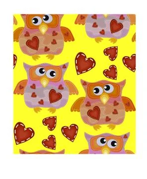 Seamless pattern with bright owls with imitation of seams and patches Illustrazione stock
