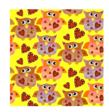 Seamless pattern with bright owls with imitation of seams and patches Illustrazione stock