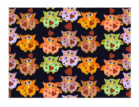 Seamless pattern with bright owls with imitation of seams and patches 库存插图