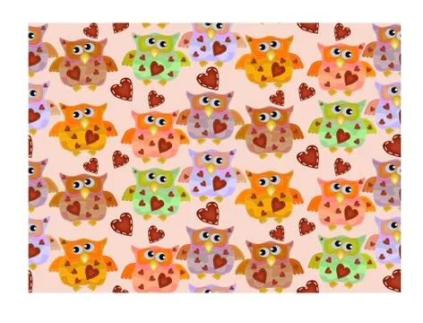 Seamless pattern with bright owls with imitation of seams and patches 库存插图