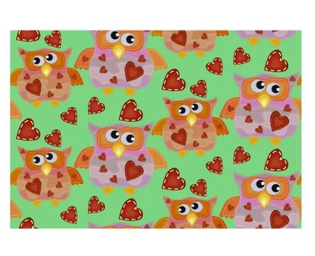 Seamless pattern with bright owls with imitation of seams and patches Illustrazione stock