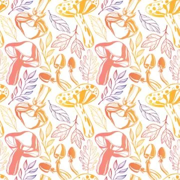 Seamless pattern. Bright pattern with stylized mushrooms and leaves in fall c Stock Illustration