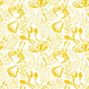 Seamless pattern. Bright pattern with stylized mushrooms and leaves in fall c Stock Illustration