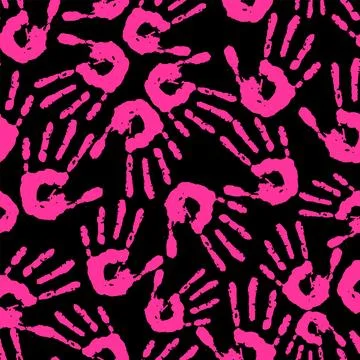 Seamless pattern of bright pink handprints on a black background, texture Stock Illustration