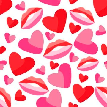 Seamless pattern of bright pink lips and hearts on a white background in vector Stock Illustration