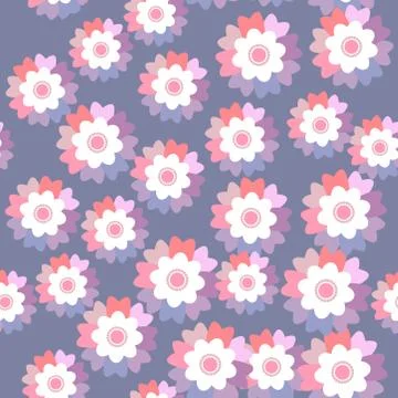 Seamless pattern bright pink purple flowers cornflower, violet, pansy on lila Stock Illustration