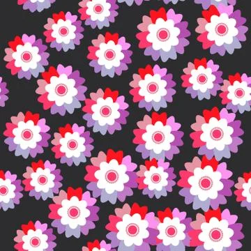 Seamless pattern bright pink purple flowers cornflower, violet, pansy on blac Stock Illustration