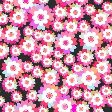 Seamless pattern bright pink purple flowers cornflower, violet, pansy on blac Stock Illustration