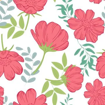 Seamless pattern with bright pink-red flowers. Repeating color pattern. Ilustración de archivo