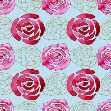 Seamless pattern bright pink rosebuds. Hand drawn watercolor pink and red roses. Stock Illustration