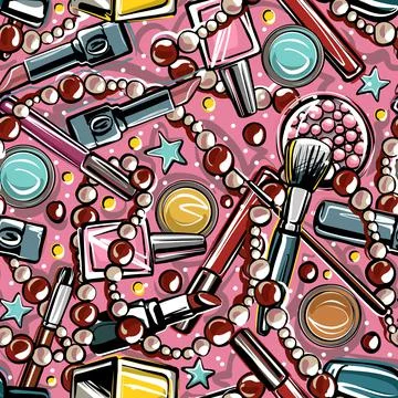 Seamless pattern. Bright placers of decorative cosmetics on a pink background Stock Illustration