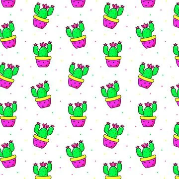 Seamless pattern with bright potted cactus. Illustrazione stock