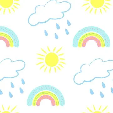 Seamless pattern with bright rainbows, clouds and sun. Stock Illustration