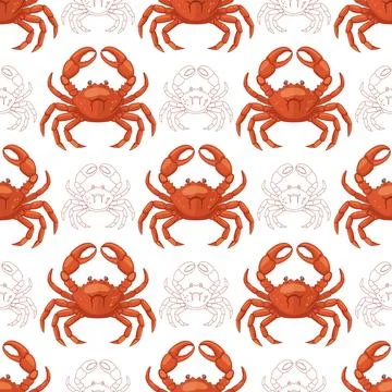 A seamless pattern of bright red crabs on a white background 스톡 일러스트