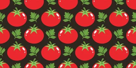 Seamless pattern with bright red tomatoes and green parsley leaves on dark Illustrazione stock