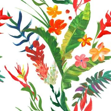 Seamless pattern with bright red tropical flowers and plants Stock Illustration