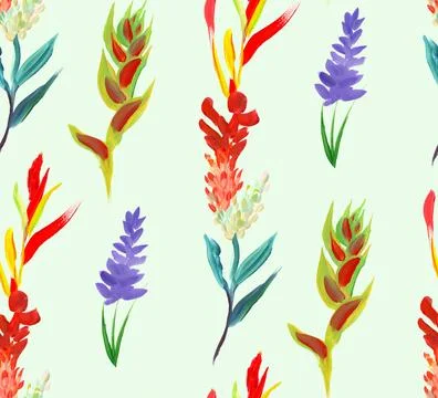 Seamless pattern with bright red tropical flowers and plants for summer textiles Stock Illustration