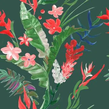 Seamless pattern with bright red tropical flowers and plants Stock Illustration