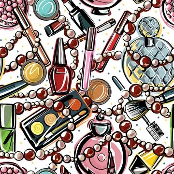 Seamless pattern. Bright scattered decorative cosmetics on a light background Stock Illustration