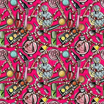 Seamless pattern. Bright scattered decorative cosmetics on a pink background Stock Illustration