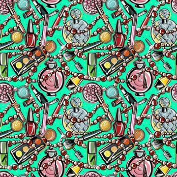 Seamless pattern. Bright scattered decorative cosmetics on a mint background Illustrazione stock