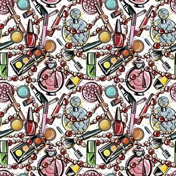 Seamless pattern. Bright scattered decorative cosmetics on a light background Stock Illustration