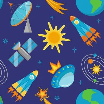 Seamless pattern with bright space icons in flat style Stock Illustration