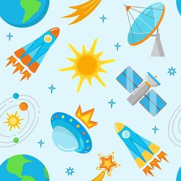 Seamless pattern with bright space icons in flat style Stock Illustration