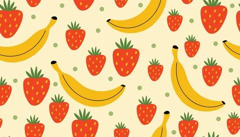 Seamless pattern with bright strawberries and bananas in cartoon flat style. Stock Illustration