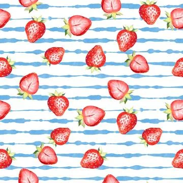 Seamless pattern of bright strawberries and blue stripes, for design and p... Stock Photos