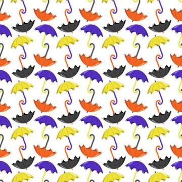 Seamless pattern with bright yellow and purple umbrellas Illustrazione stock