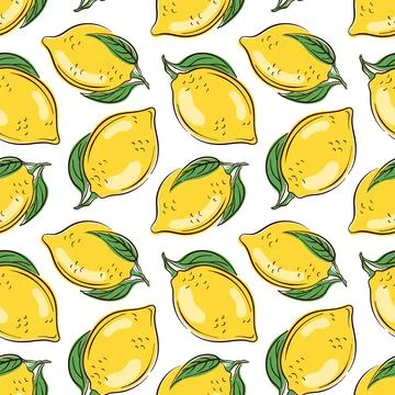 Seamless pattern with bright yellow lemons and green leaves in flat style Stock Illustration