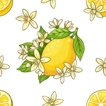 Seamless pattern with bright yellow lemons, green leaves, and delicate white Stock Illustration