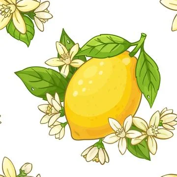 Seamless pattern with bright yellow lemons, green leaves, and delicate white Stock Illustration