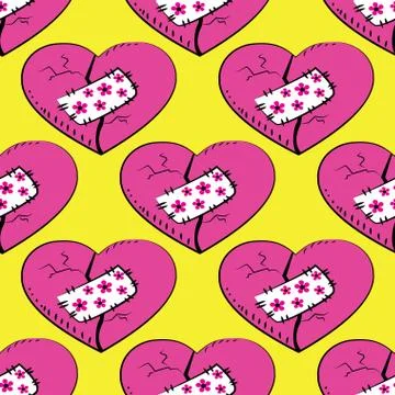 Seamless pattern  broken and patched heart Stock Illustration