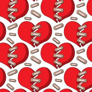 Seamless pattern with Broken Heart connected by threads adhesive plaster Stock Illustration