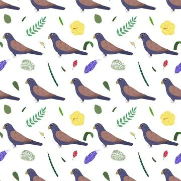 Seamless pattern with bronze wings parrots and tropical leaves and flowers. Stock Illustration
