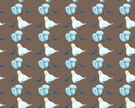 Seamless pattern on brown background. Ghosts, bats, graves. Stock Illustration