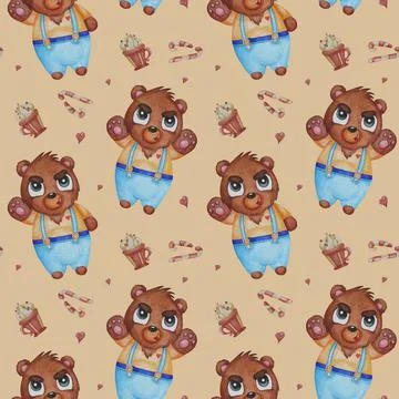 Seamless pattern with a brown bear. The man - the lovely and terrible charact Stock Illustration