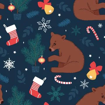 A seamless pattern with a brown bear near a Christmas tree. Winter vector mod Stock Illustration
