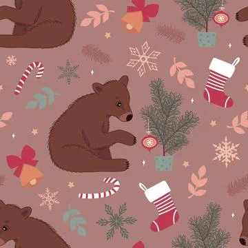 A seamless pattern with a brown bear near a Christmas tree. Winter vector mod Stock Illustration