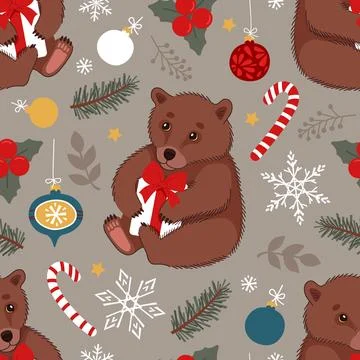 A seamless pattern with brown bears holds a gift with a red bow. Winter vecto Ilustración de archivo