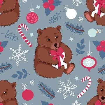 A seamless pattern with brown bears holds a gift with a red bow. Winter vecto Ilustración de archivo