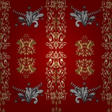 Seamless pattern on brown, beige and red colors with golden elements. Vector. Or Illustrazione stock