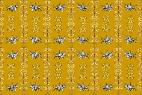 Seamless pattern on brown, beige and yellow colors with golden elements. Raster Stock Illustration