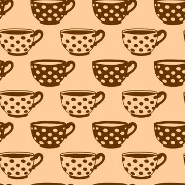 Seamless pattern with brown beige polka dots cups. Hand drawn simple kitchen  Stock Illustration