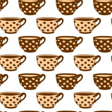 Seamless pattern with brown beige polka dots cups. Hand drawn simple kitchen  Illustrazione stock