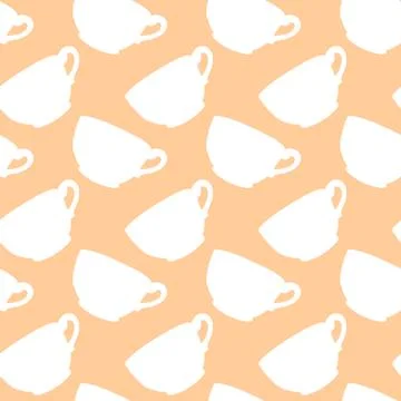 Seamless pattern with brown beige polka dots cups. Hand drawn simple kitchen  스톡 일러스트