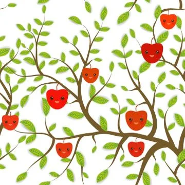 Seamless pattern Brown branches with green leaves, Red Apple fruits Kawaii fu Stock Illustration